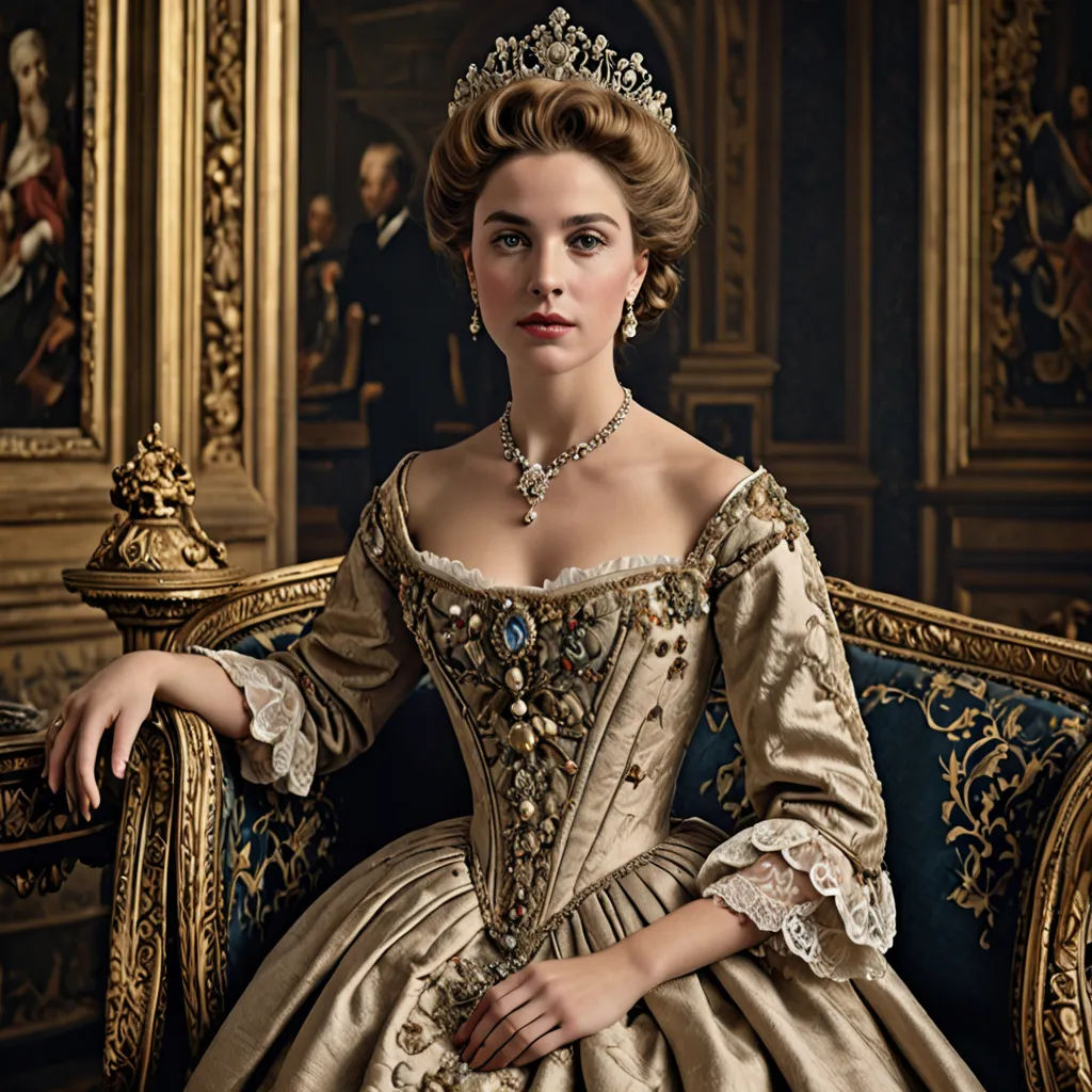 a woman in a dress sitting on a couch in a room with paintings on the walls and a painting on the wall, baroque, a flemish Baroque, Constance Gordon-Cumming, promotional image