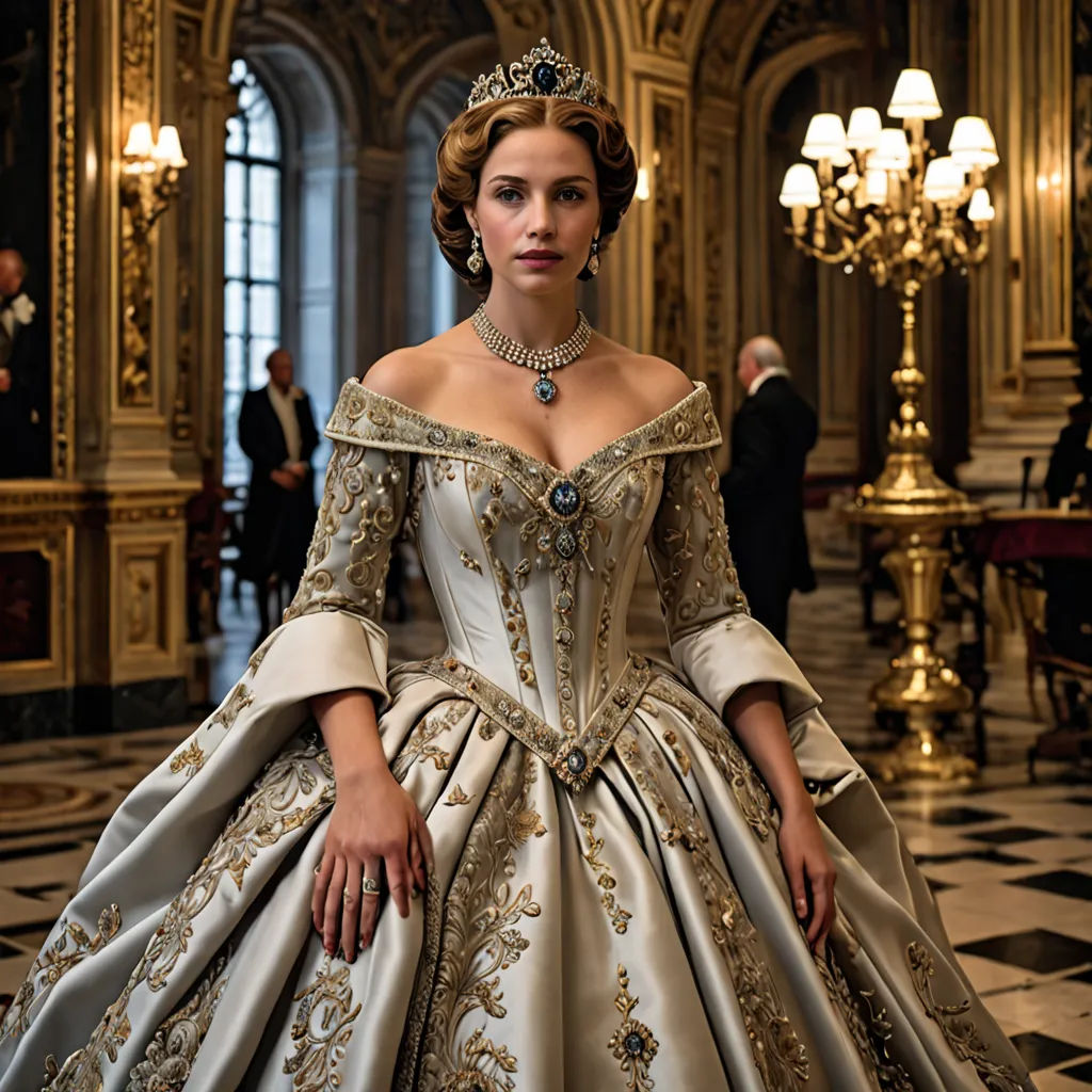 a woman in a gown standing in a room with chandeliers and a chandelier on the ceiling, baroque, a flemish Baroque, Anna Maria Barbara Abesch, promotional image