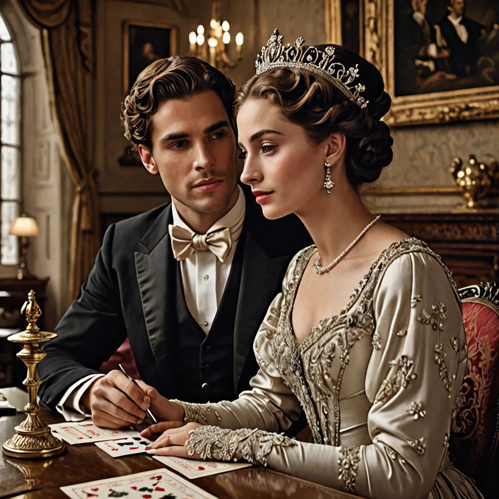 a man and woman sitting at a table with cards and a candle in front of them, both wearing formal attire, neoclassicism, a photorealistic painting, Enguerrand Quarton, promotional image