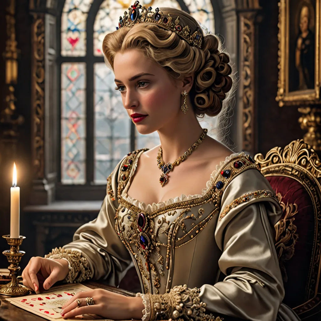 a woman in a renaissance dress sitting at a table with a candle in front of her and a card in front of her, rococo, a flemish Baroque, Constance-Anne Parker, promotional image