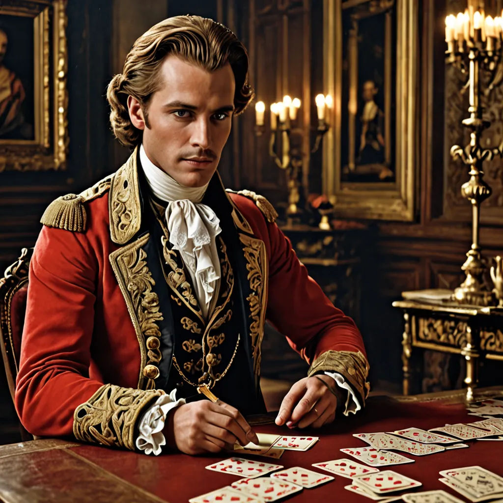 a man in a red jacket sitting at a table with cards in front of him and candles in the background, mannerism, a character portrait, Enguerrand Quarton, promotional image