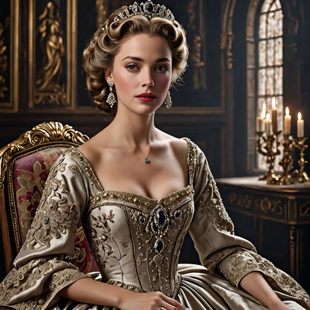 a woman in a dress sitting in a chair with a candle in the background and a chandelier in the background, rococo, a flemish Baroque, Constance-Anne Parker, promotional image