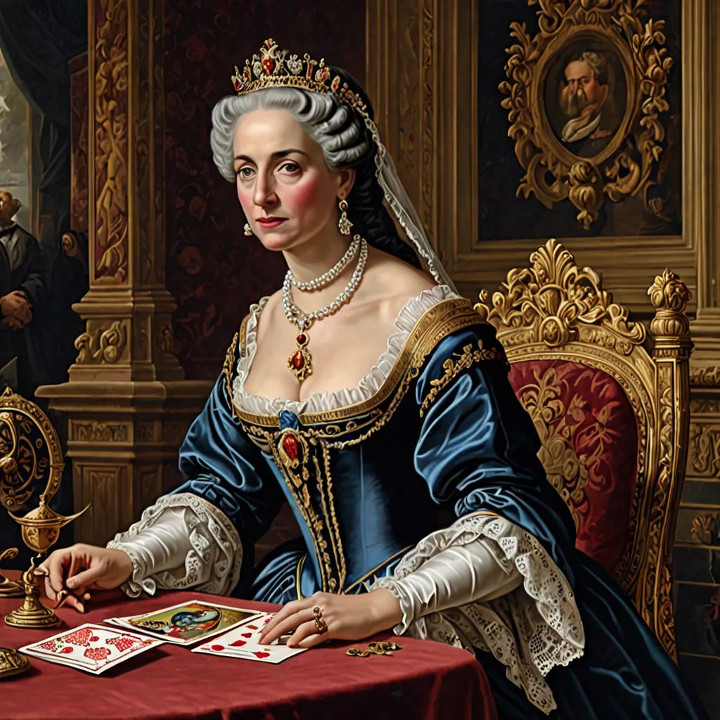a painting of a woman in a blue dress sitting at a table with cards and a candle in her hand, rococo, an ultrafine detailed painting, Carel Willink, highly detailed digital painting