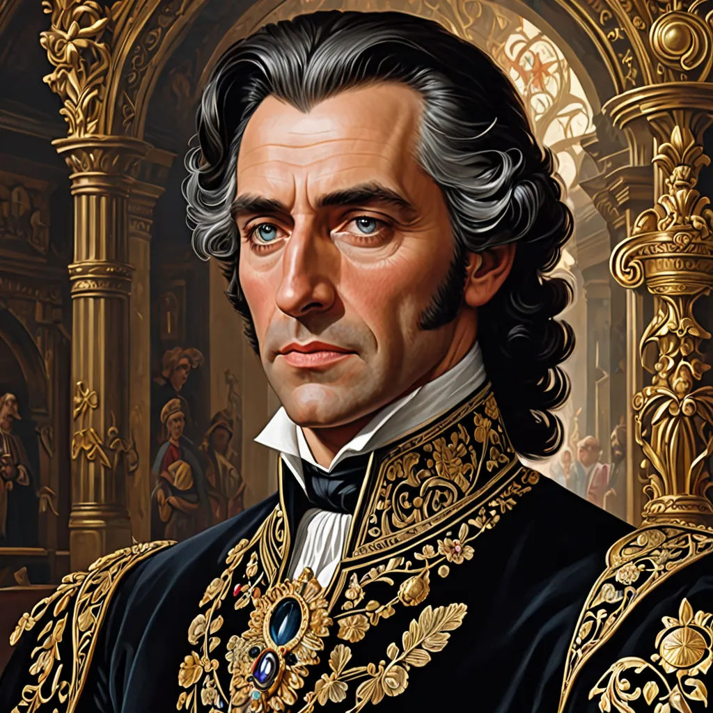 a painting of a man in a black suit and gold trimmings, with a gold crown on his head, classical realism, a detailed painting, Alejandro Burdisio, detailed portrait