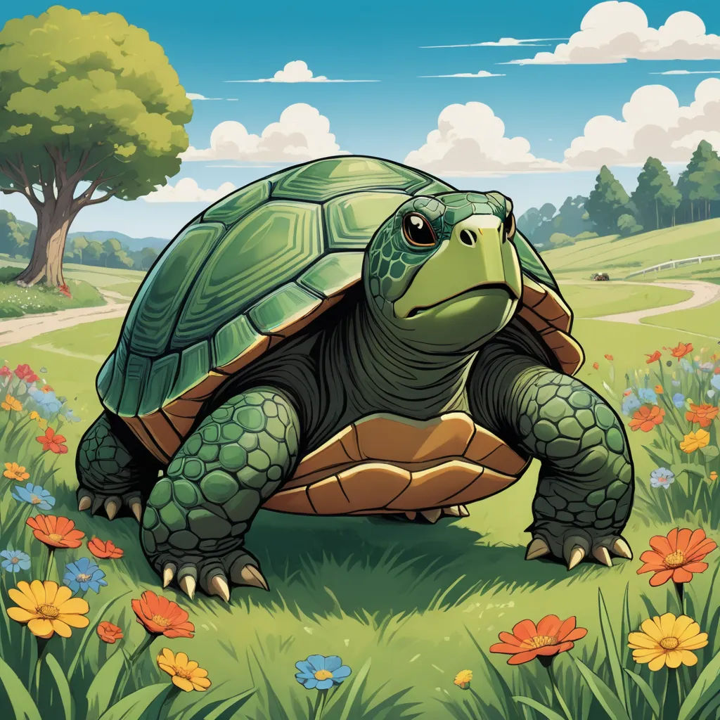 a cartoon turtle is walking through a field of flowers and grass with a path in the background and a tree, sots art, a character portrait, Chris LaBrooy, game art