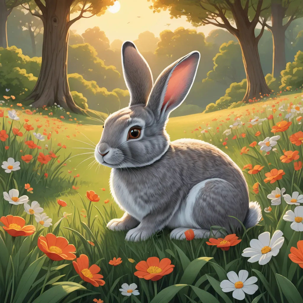 a painting of a rabbit sitting in a field of flowers and trees with the sun shining through the trees, furry art, a storybook illustration, Chris LaBrooy, official art