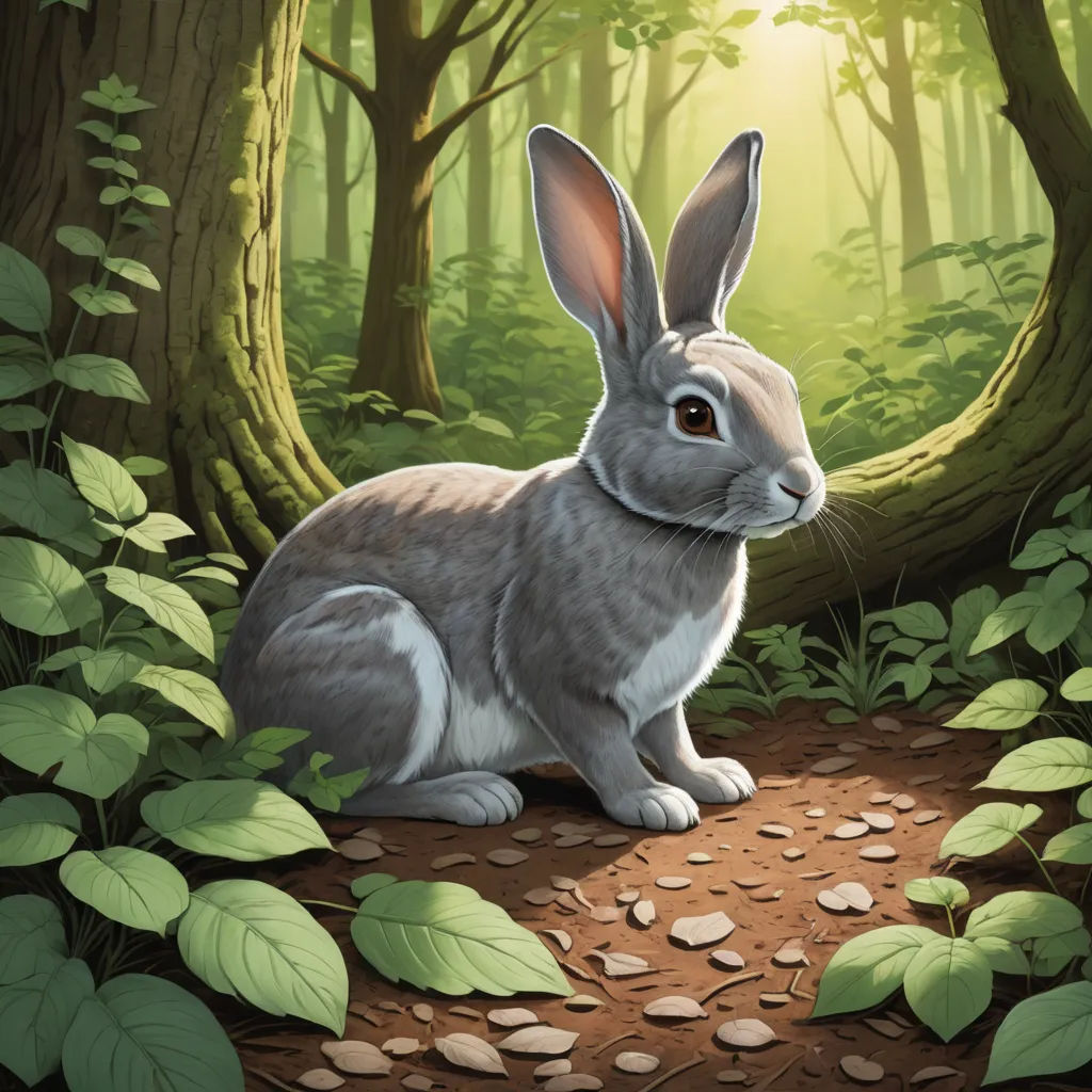 a rabbit sitting in the middle of a forest with leaves on the ground and a sun shining through the trees, fantasy art, a storybook illustration, Dan Mumford, rossdraws global illumination