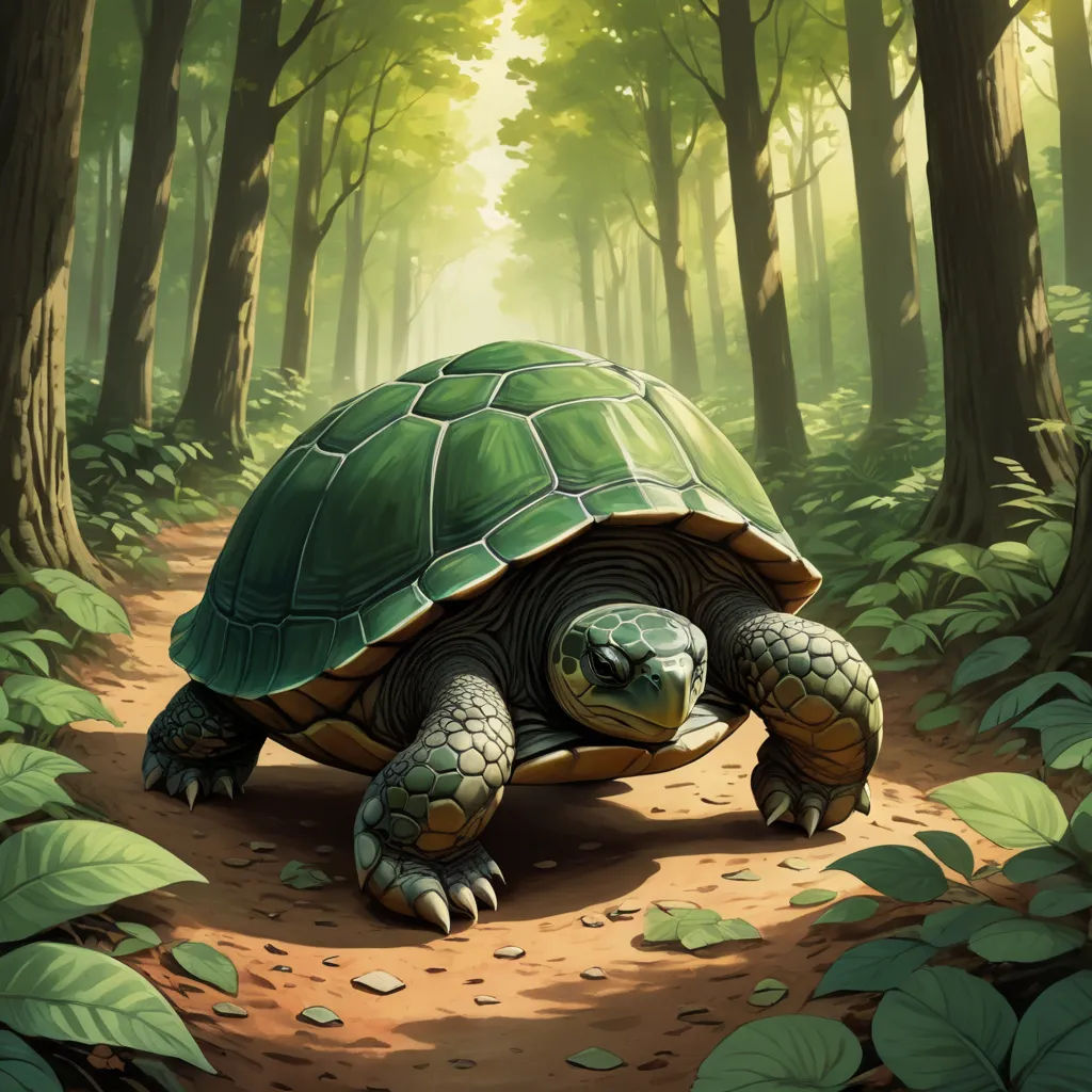 a painting of a turtle in a forest with leaves on the ground and a path leading to it's head, fantasy art, a digital painting, Chris LaBrooy, magic the gathering artwork