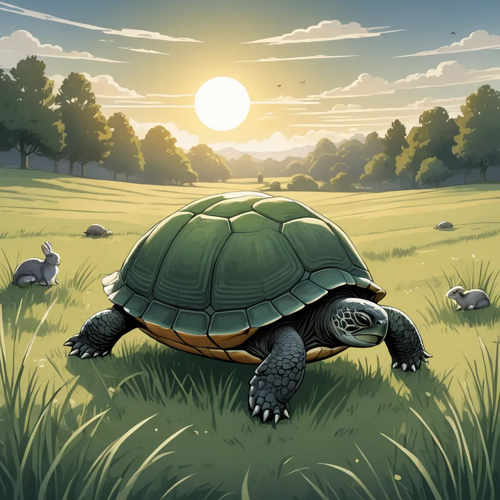 a turtle is walking through a field of grass with rabbits in the background and a sun setting behind it, sots art, a storybook illustration, Chris LaBrooy, storybook illustration