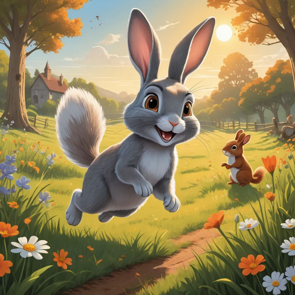 a rabbit running through a field with a rabbit in the background and a house in the background with a sun in the sky, furry art, a storybook illustration, Chris LaBrooy, official art