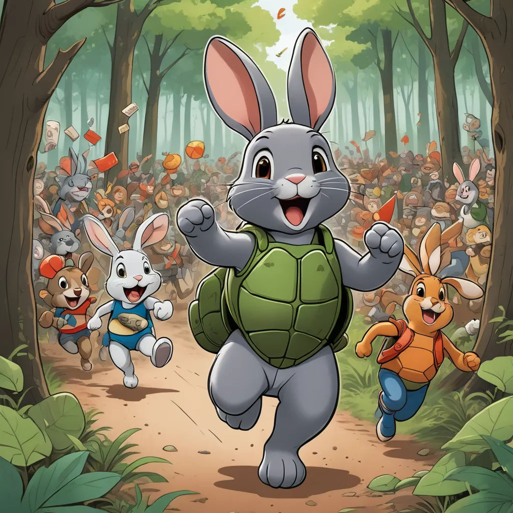 a cartoon of a rabbit running with a turtle and other animals in the background, and a crowd of people in the background, furry art, a storybook illustration, Dan Mumford, official art