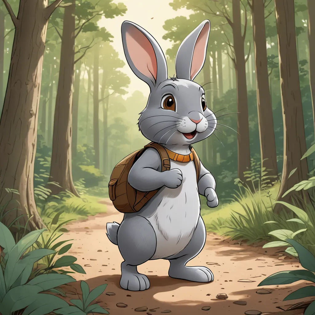 a rabbit with a backpack is standing in the woods by a path in the daytime light, looking at the camera, furry art, a character portrait, Beatrix Potter, official art