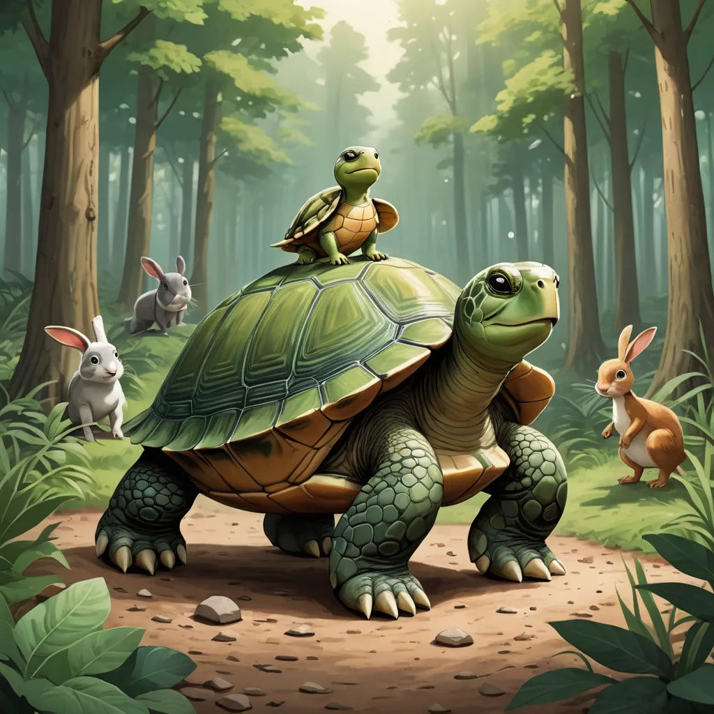 a turtle and two rabbits are on top of a turtle in the forest with a rabbit on its back, fantasy art, a storybook illustration, Chris LaBrooy, official art