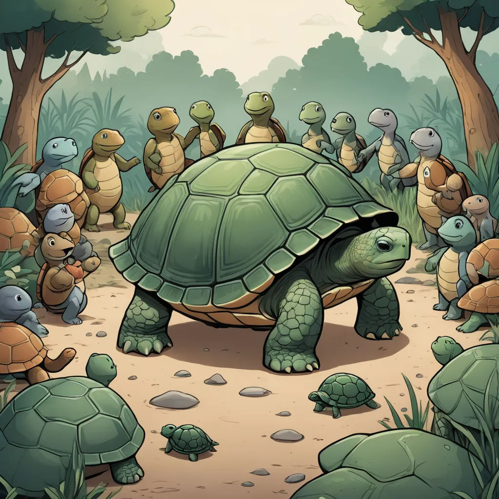 a group of turtles walking across a dirt road next to trees and bushes with a forest in the background, naturalism, a storybook illustration, Dan Mumford, golden ratio illustration