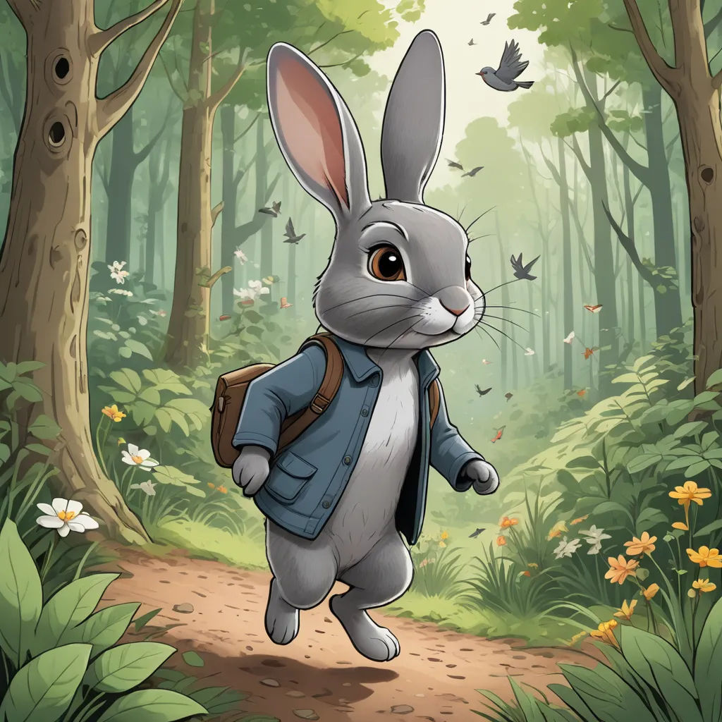 a cartoon rabbit is walking through the woods with a backpack on his back and a bird flying above him, furry art, a storybook illustration, Beatrix Potter, official art