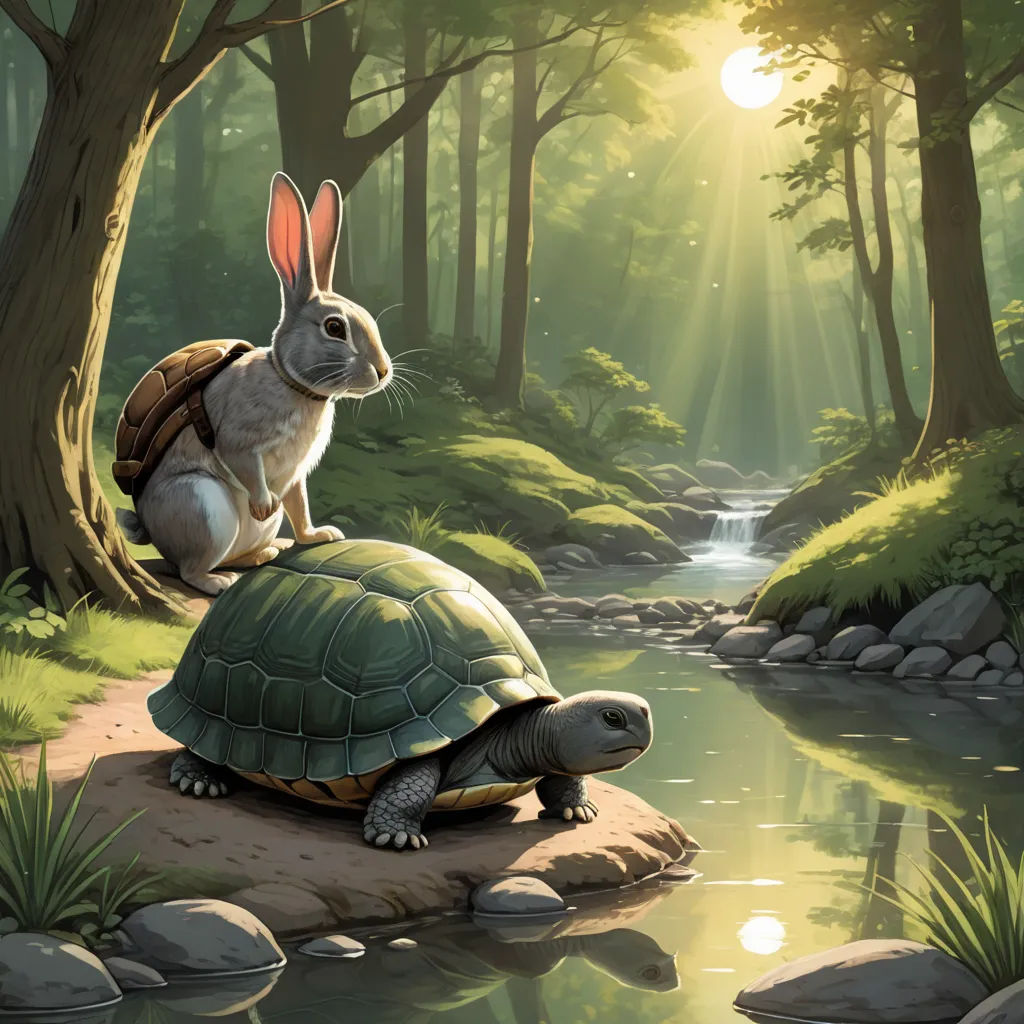 a rabbit sitting on top of a turtle in a forest next to a river and a forest with rocks, fantasy art, a storybook illustration, Chris LaBrooy, storybook illustration