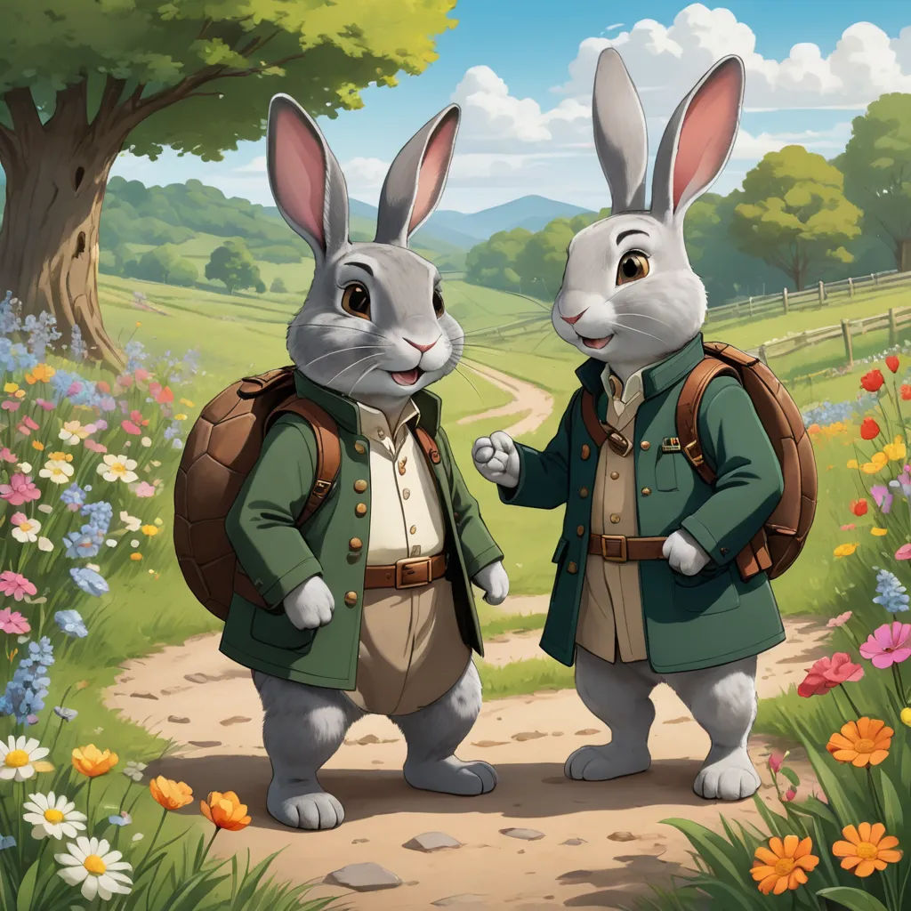 two rabbits are standing in a field with flowers and trees in the background, one is holding a backpack, furry art, a storybook illustration, Beatrix Potter, official art