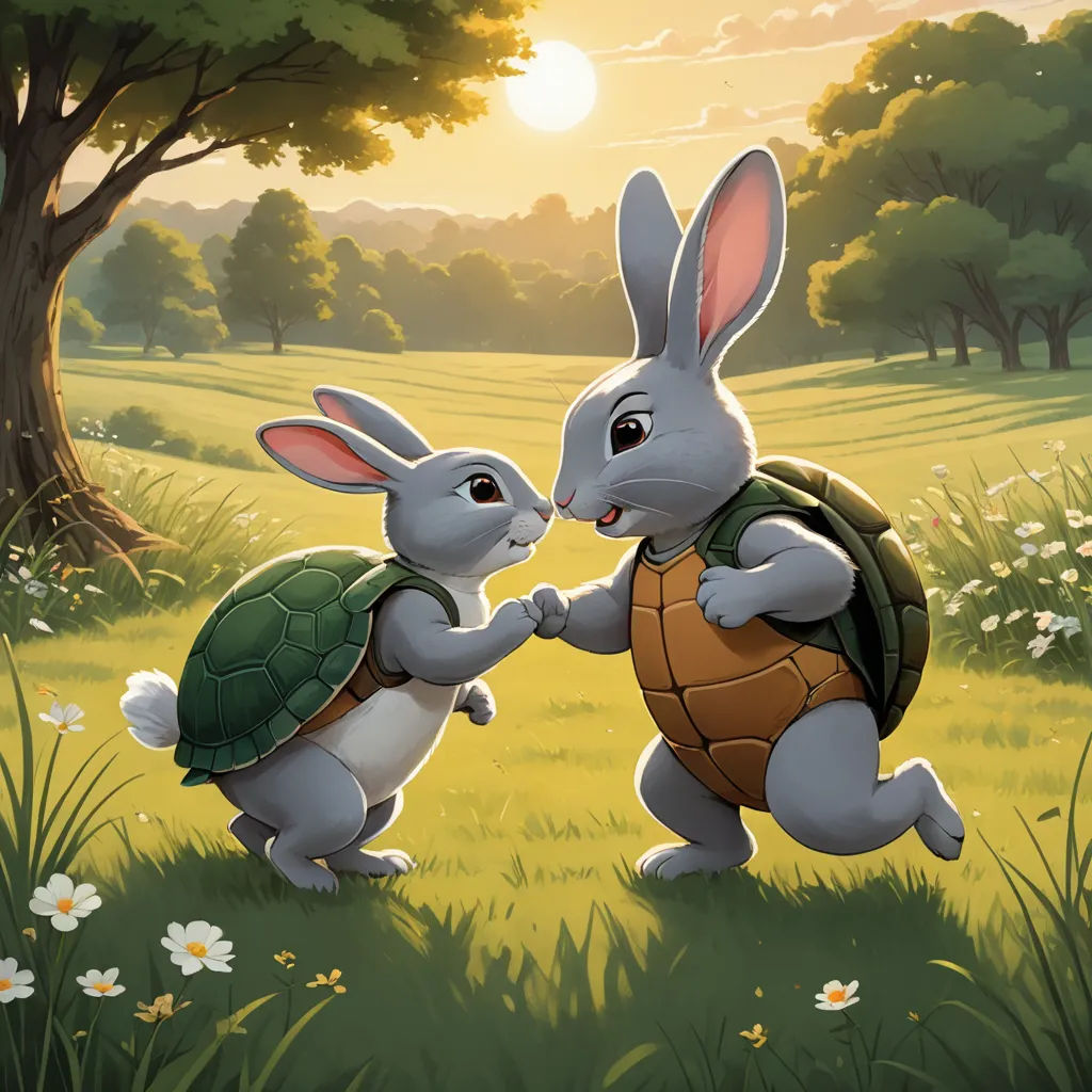 a couple of rabbits are playing with a turtle in a field of grass and flowers with a sun in the background, sots art, a storybook illustration, Brothers Hildebrandt, official art