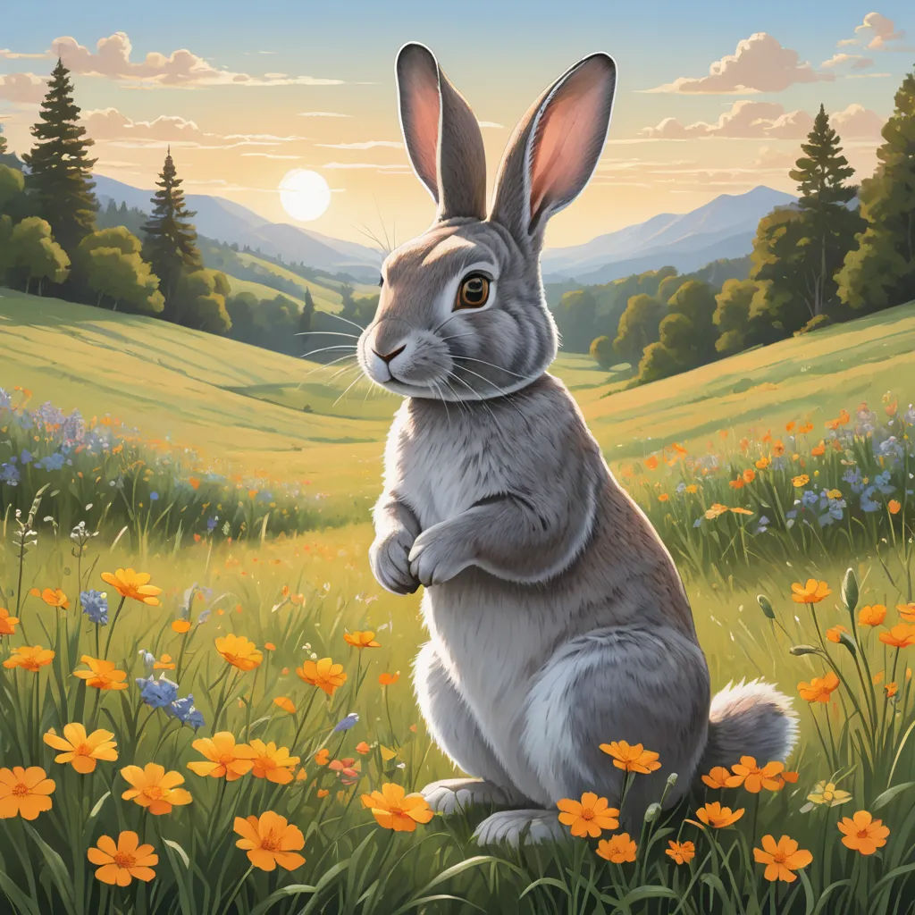 a painting of a rabbit in a field of flowers with a sunset in the background and a mountain range in the distance, furry art, a storybook illustration, Chris LaBrooy, official art