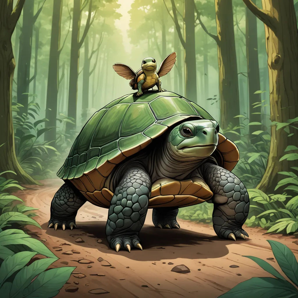 a cartoon turtle with a little fairy on its back riding on top of it's head in the middle of a forest, sots art, a storybook illustration, Chris LaBrooy, magic the gathering artwork