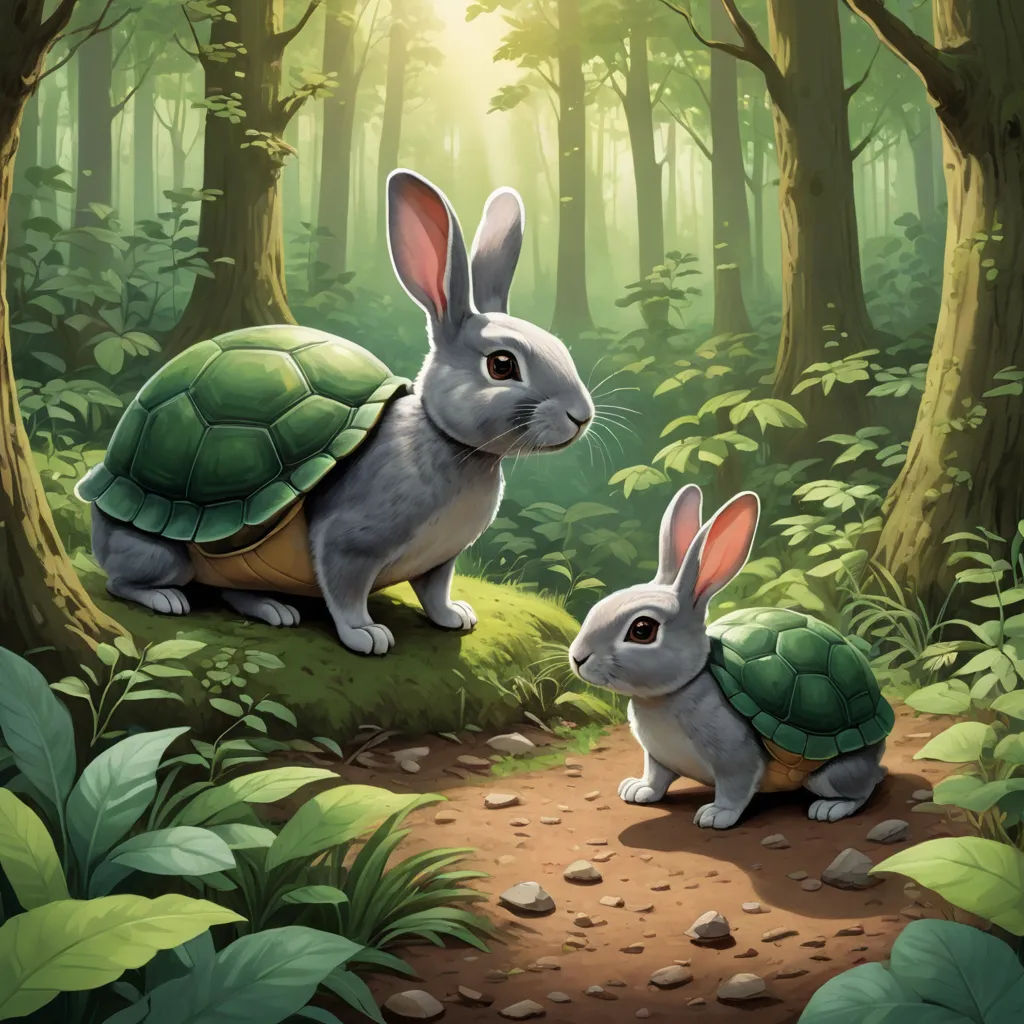 a rabbit and a turtle in a forest with trees and leaves on the ground and a forest with trees and bushes, fantasy art, a digital painting, Clint Cearley, official art