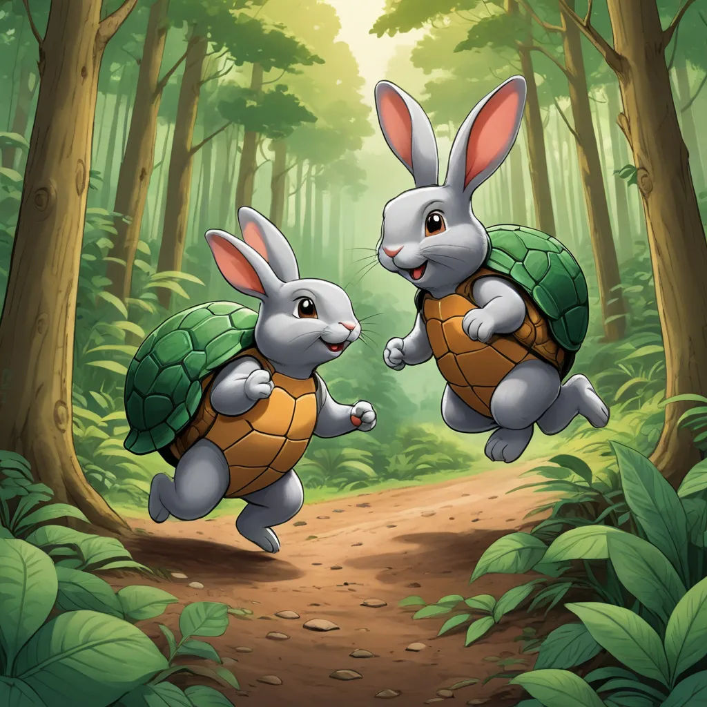 two rabbits are running in the forest with their backs to each other while holding onto the turtles on their backs, sots art, a storybook illustration, Correggio, official art