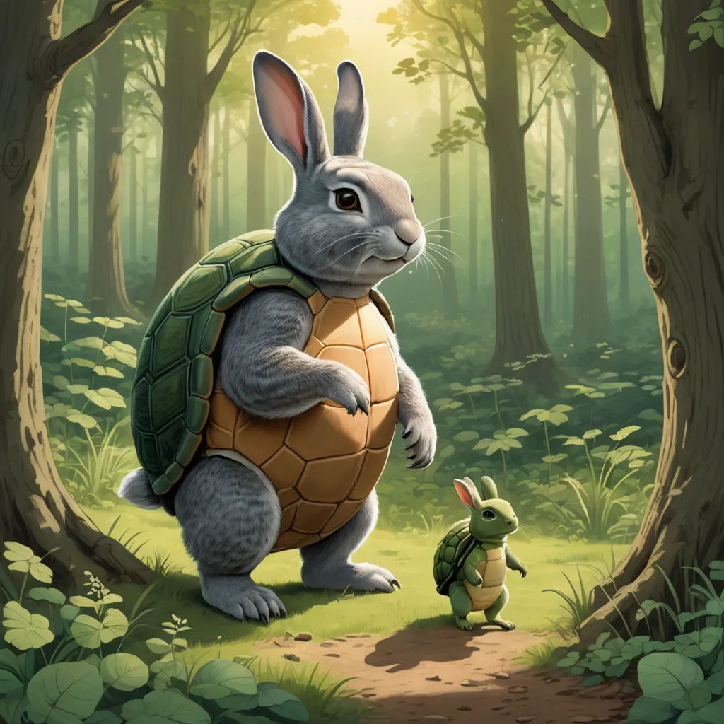 a rabbit is walking next to a turtle in the woods with a backpack on its back and a turtle on its back, sots art, a storybook illustration, Chris LaBrooy, official art