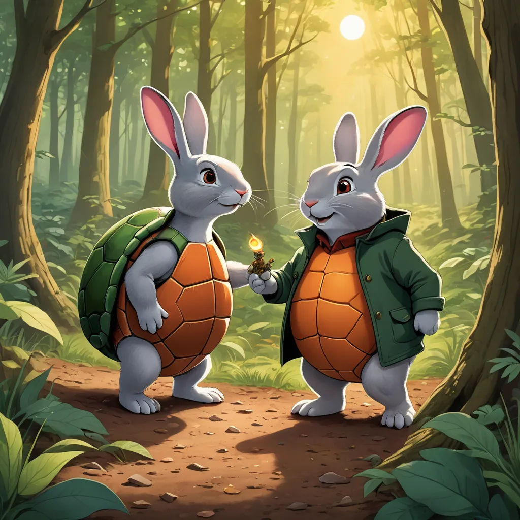 two rabbits are standing in the woods holding hands with a tortoise shell in their hands, holding a candle, sots art, a storybook illustration, Brothers Hildebrandt, official art