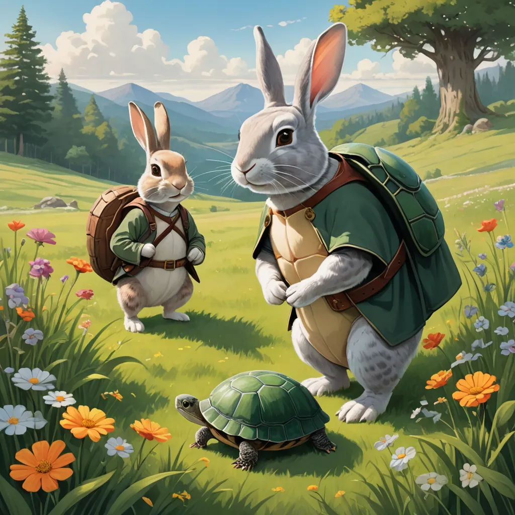 a painting of two rabbits and a turtle in a field of flowers and grass with mountains in the background, fantasy art, a storybook illustration, Chris LaBrooy, official art