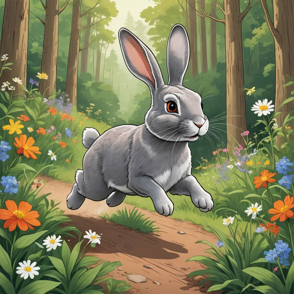 a rabbit running through a forest with flowers and trees in the background illustration for children's book illustration, furry art, a storybook illustration, Beatrix Potter, game art
