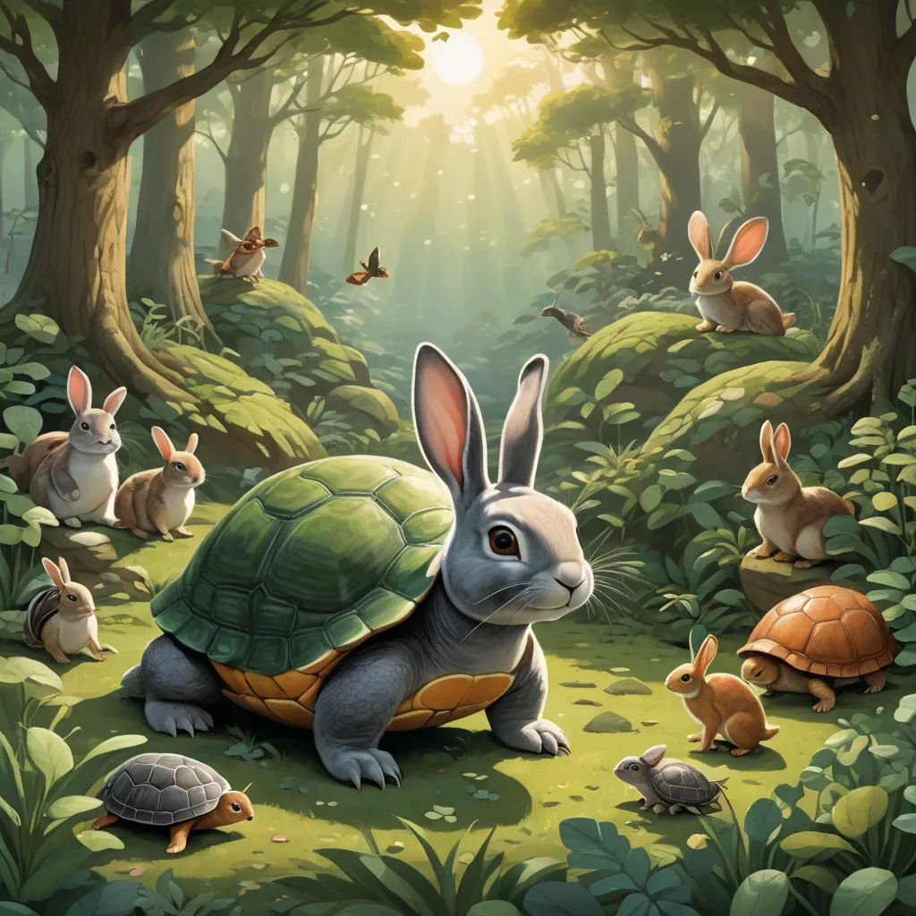 a rabbit and some rabbits in a forest with a turtle and a turtle on the ground and a rabbit on the ground, fantasy art, a storybook illustration, Dan Mumford, rossdraws global illumination