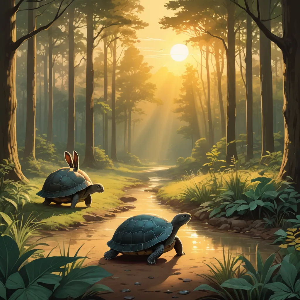two rabbits are sitting on top of a turtle in the forest, one of them is on the back of the turtle, fantasy art, a storybook illustration, Brothers Hildebrandt, magic the gathering artwork