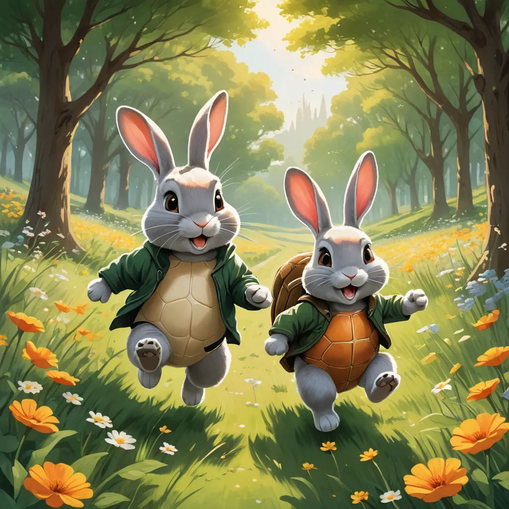 two rabbits are running through a field with flowers and trees in the background, one carrying a turtle and the other carrying a backpack, altermodern, a storybook illustration, David Teniers III, magic the gathering artwork