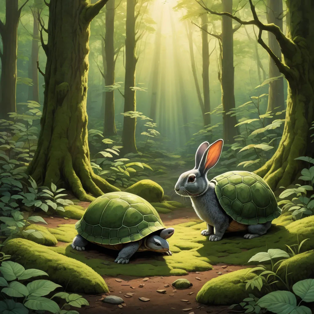 a rabbit and a turtle are in the woods together, with the sun shining through the trees behind them, fantasy art, a storybook illustration, Brothers Hildebrandt, magic the gathering artwork