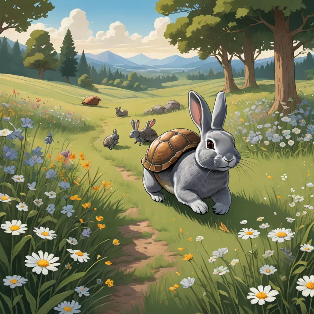 a rabbit is walking through a field with flowers and trees in the background, with a turtle on its back, fantasy art, a storybook illustration, Chris LaBrooy, storybook illustration