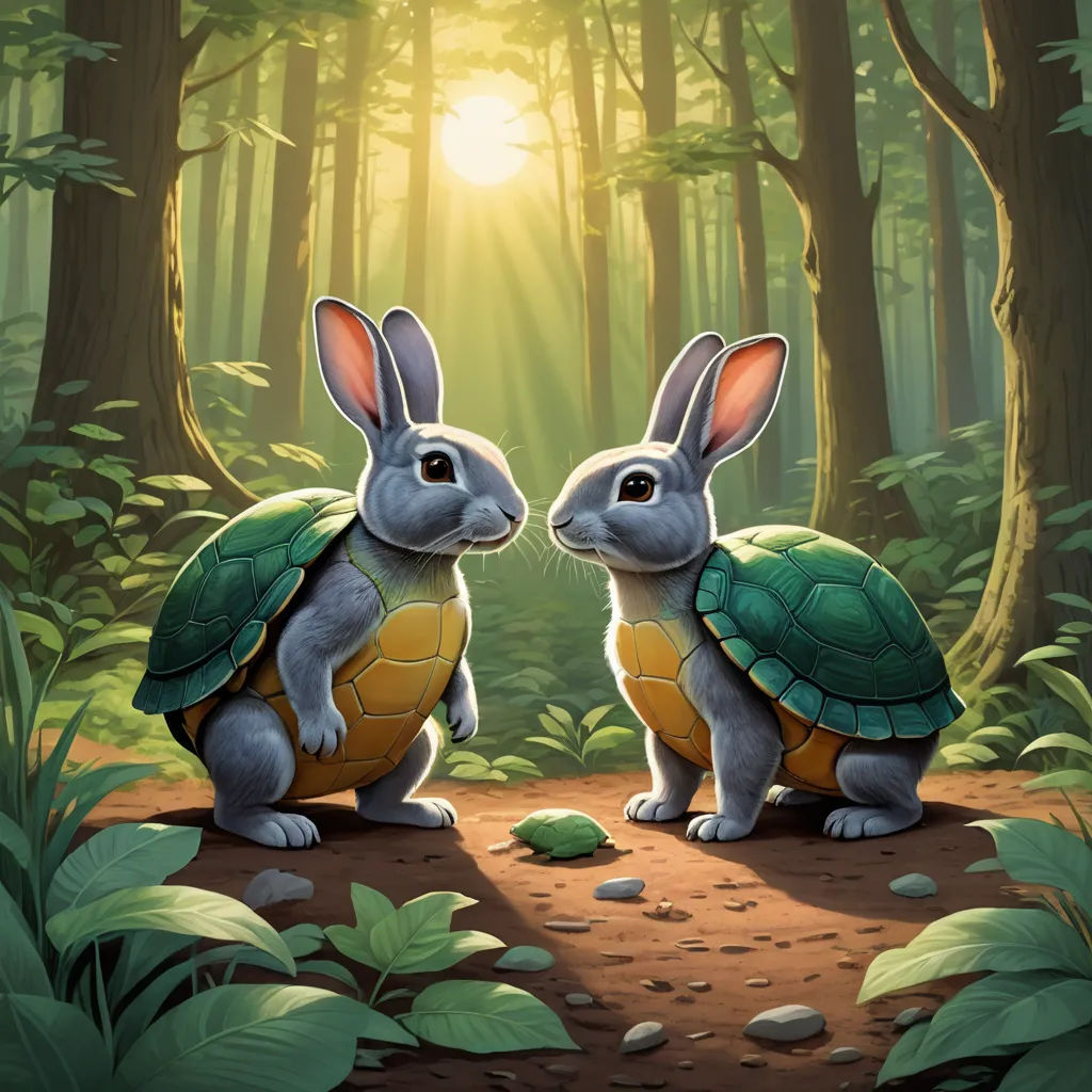 two rabbits sitting on top of a turtle in the forest with sun shining through the trees behind them and a forest path, sots art, a digital painting, Dan Mumford, rossdraws global illumination