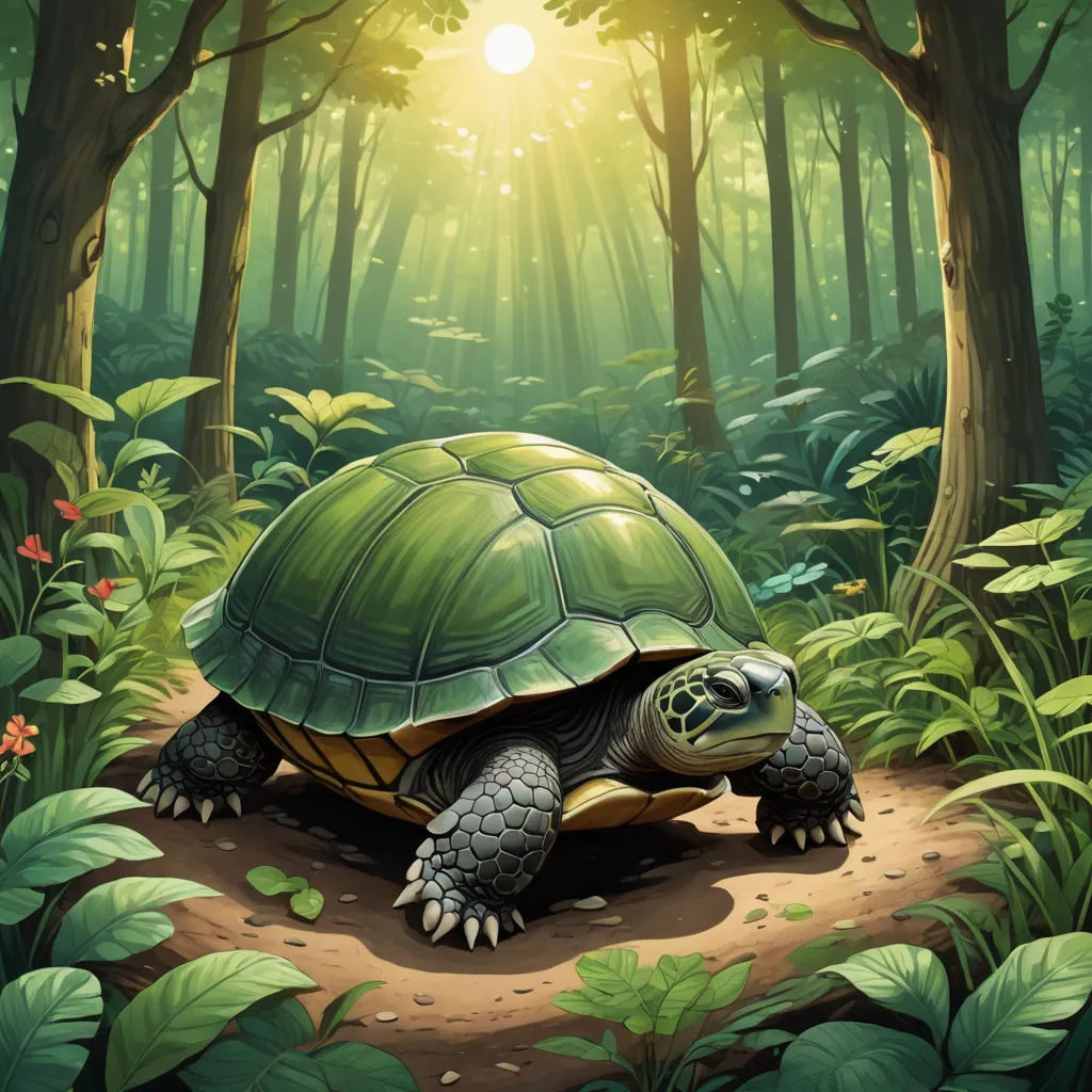 a turtle in the middle of a forest with sunlight coming through the trees and leaves on the ground and on the ground, fantasy art, a storybook illustration, Chris LaBrooy, golden ratio illustration