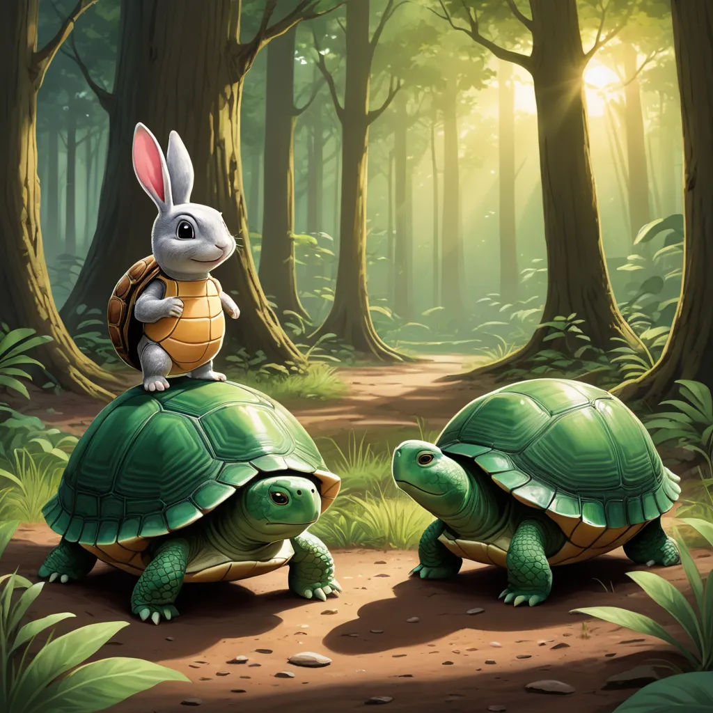 a rabbit sitting on top of two turtles in a forest with trees and grass behind them, with a rabbit on top of the turtle, fantasy art, a storybook illustration, Clint Cearley, highly detailed digital painting