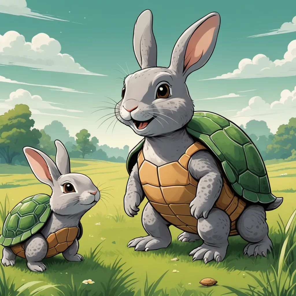 a rabbit and a turtle are standing in the grass together, with a sky background behind them, and a field of grass and trees, with grass, and a few clouds, and a few, furry art, a storybook illustration, Chris LaBrooy, game art