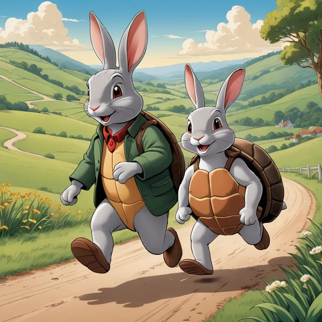 two rabbits are running down a path carrying a backpack and a turtle in their hands, with a green landscape in the background, furry art, a storybook illustration, Beatrix Potter, official art