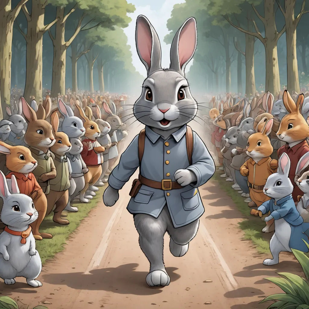a cartoon of a rabbit in a suit and some rabbits on a path in the woods with trees and grass, furry art, a storybook illustration, Beatrix Potter, furaffinity