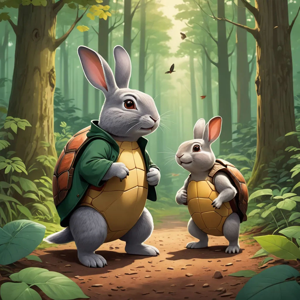 a rabbit and a bunny are standing in the woods with a turtle on their backs and a turtle on their back, sots art, a storybook illustration, Chris LaBrooy, official art