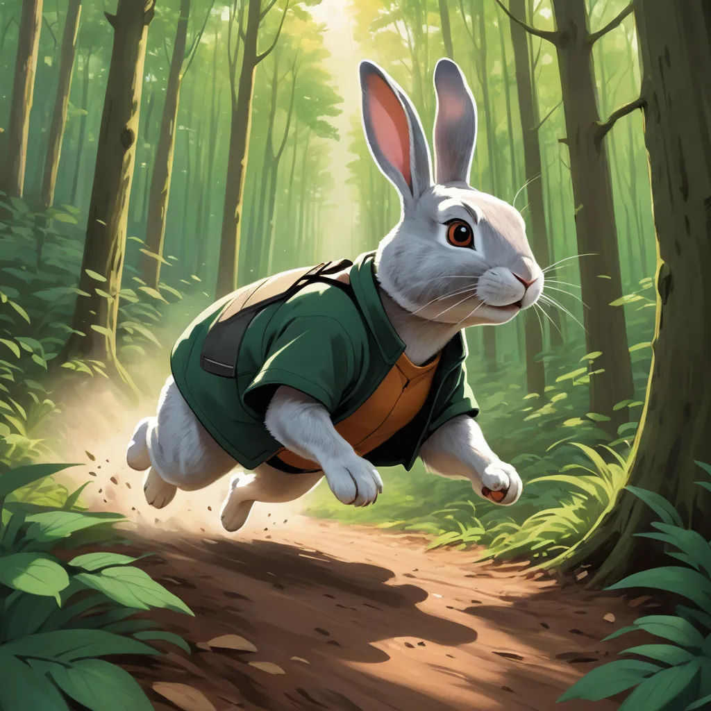 a rabbit in a green shirt running through a forest with a backpack on his back and a trail in the background, altermodern, a digital painting, Chris LaBrooy, magic the gathering artwork