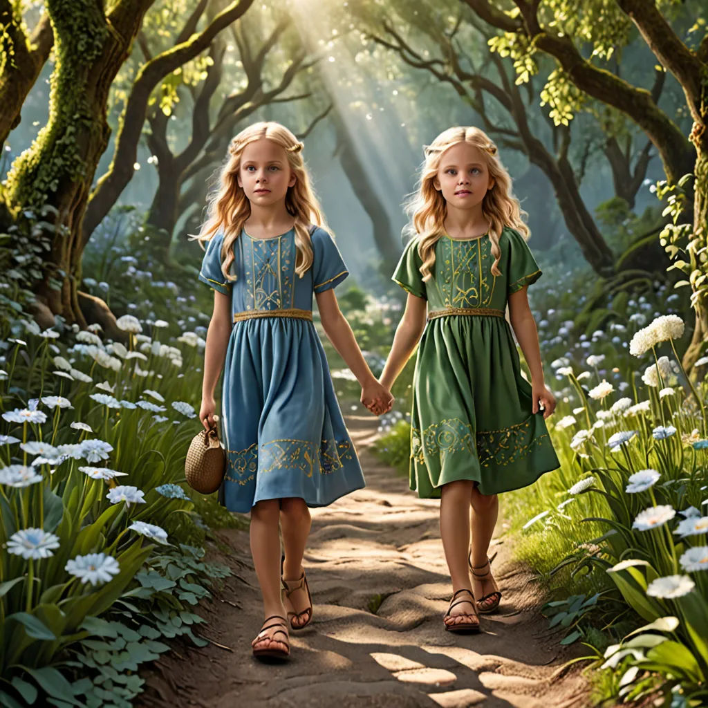 two little girls walking down a dirt path in a forest holding hands and holding hands with each other,, magical realism, a detailed matte painting, Brad Kunkle, promotional image