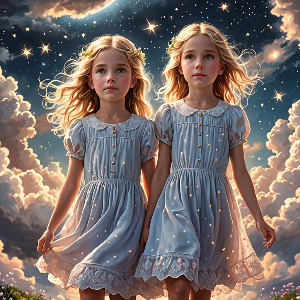 two little girls standing in front of a sky with stars and clouds and a crescent moon above them, with a full moon behind them, fantasy art, a detailed painting, Brad Kunkle, highly detailed digital painting
