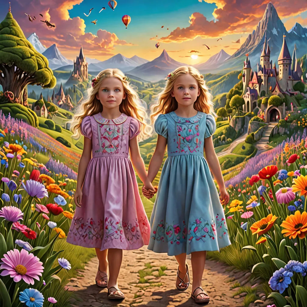 two little girls are walking through a field of flowers and a castle in the background with a sunset behind them, psychedelic art, a detailed matte painting, Brothers Hildebrandt, highly detailed digital painting