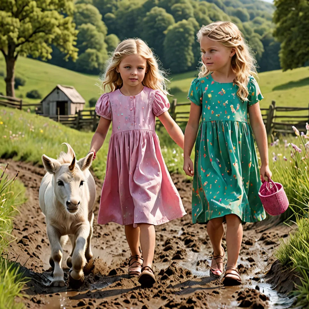 two little girls walking down a muddy road with a donkey and a cow behind them, with a fence in the background, american impressionism, a storybook illustration, Christian Hilfgott Brand, promotional image