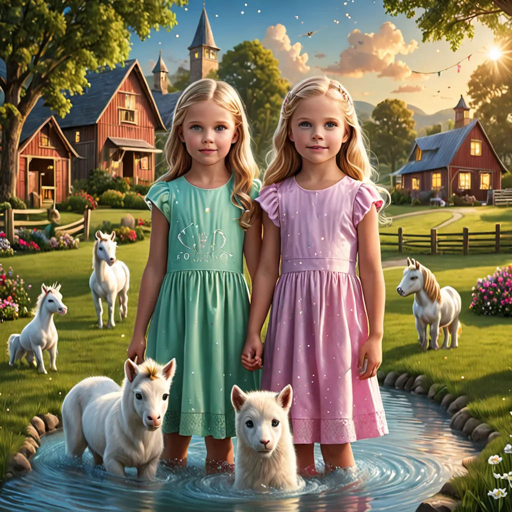 two girls standing in a pond with two white dogs in front of them and a farm scene behind them, magical realism, a storybook illustration, Christian Hilfgott Brand, promotional image