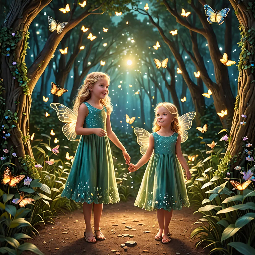 two little girls holding hands in a forest with butterflies flying overhead and a light shining through the trees above, magic realism, a storybook illustration, Anne Stokes, highly detailed digital painting