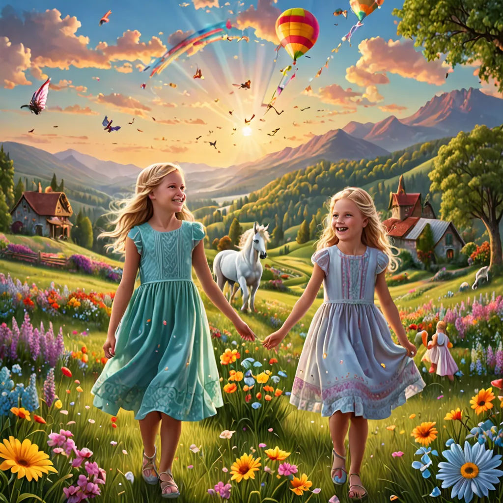 two girls are walking through a field with horses and flowers in the background, and a hot air balloon is flying in the sky, naive art, a detailed matte painting, Bob Byerley, highly detailed digital painting